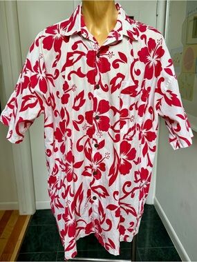 PACIFIC LINE TAHITI MOOREA BORA BORA MENS HAWAIIAN FLORAL COTTON SHIRT RED XXL